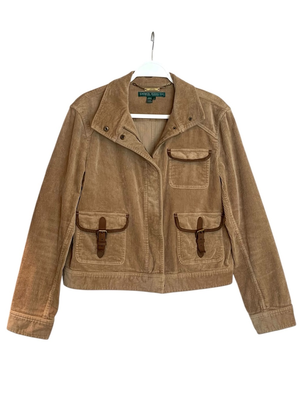 Ralph Lauren Jeans Co Tan Corduroy Jacket Zip Snap Closure Leather Trim Large L